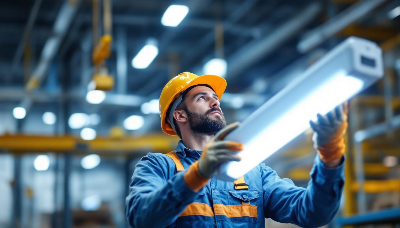 A photograph of a lighting contractor installing or showcasing a linear fluorescent lamp in a commercial or industrial setting