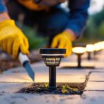 A photograph of a lighting contractor installing in-ground solar lights in a landscaped outdoor setting