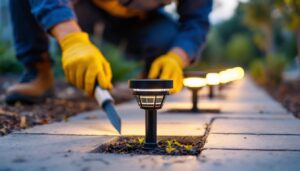 A photograph of a lighting contractor installing in-ground solar lights in a landscaped outdoor setting