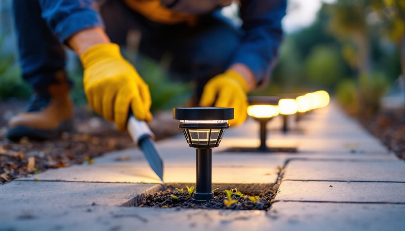 A photograph of a lighting contractor installing in-ground solar lights in a landscaped outdoor setting