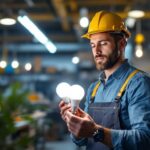 A photograph of a lighting contractor comparing led and fluorescent bulbs in a well-lit workspace