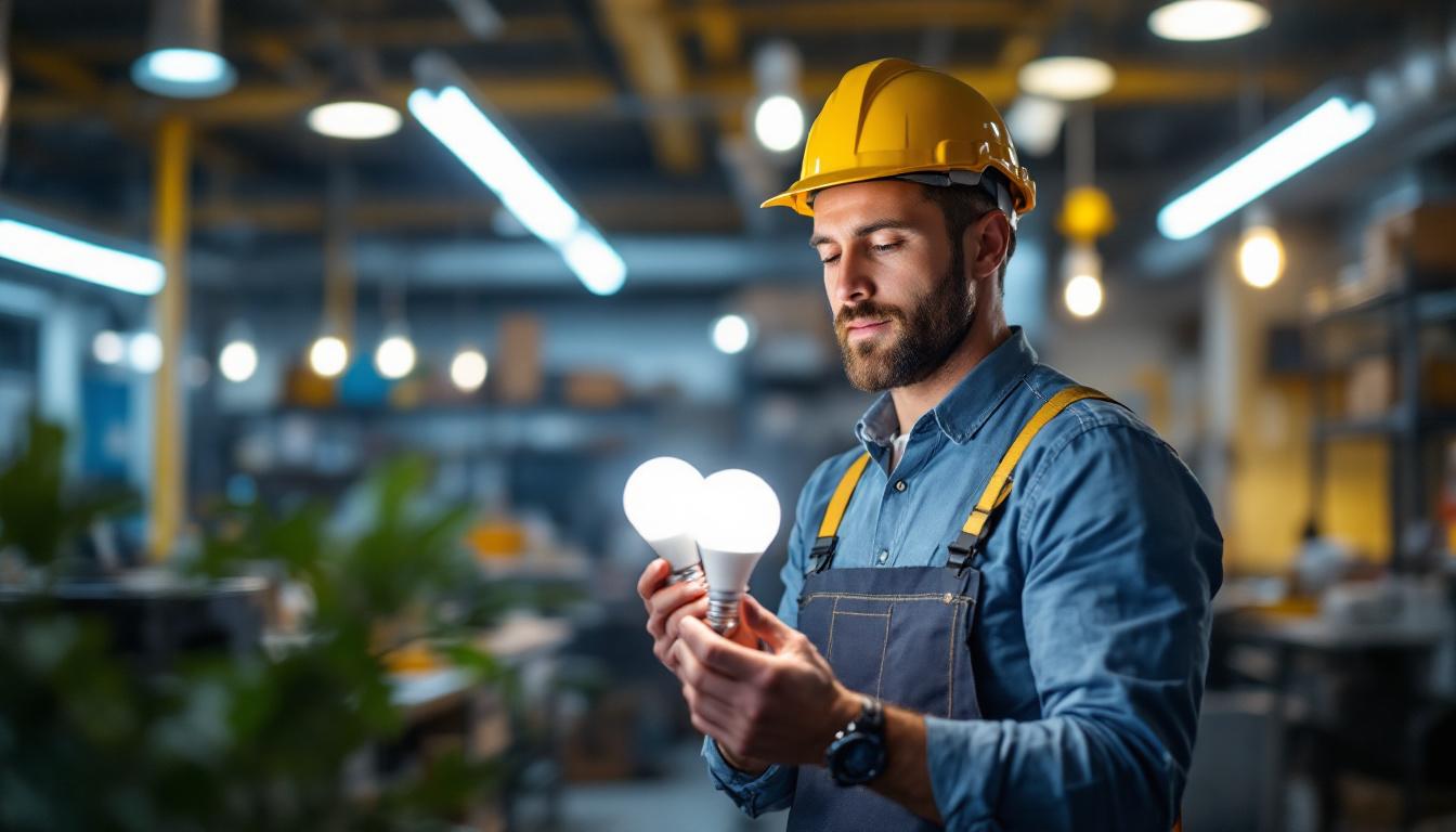 A photograph of a lighting contractor comparing led and fluorescent bulbs in a well-lit workspace
