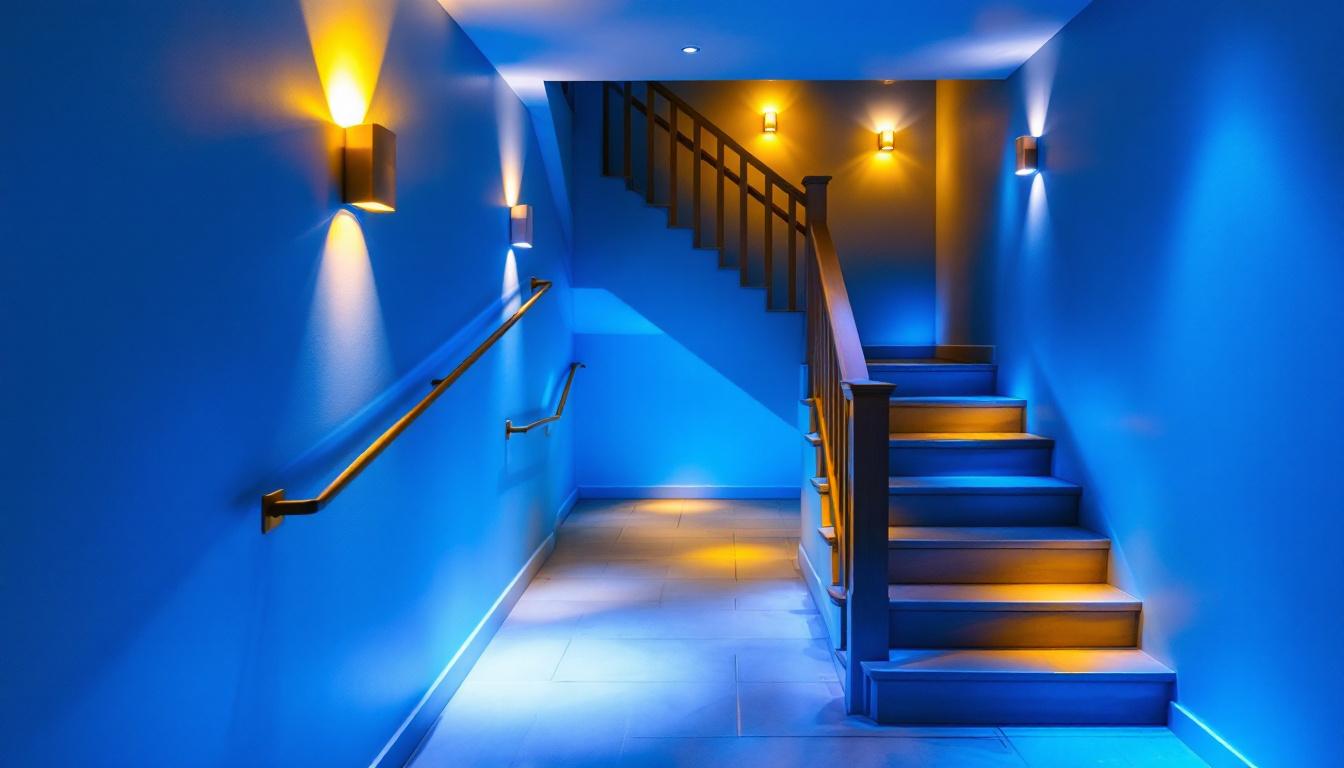 A photograph of a well-lit basement stairway that highlights various lighting options