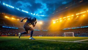 A photograph of a dynamic sports lighting setup in action during a game or practice
