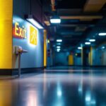 A photograph of a well-lit emergency exit sign and energy-efficient emergency lights in a commercial building setting