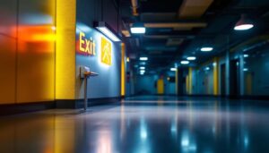 A photograph of a well-lit emergency exit sign and energy-efficient emergency lights in a commercial building setting