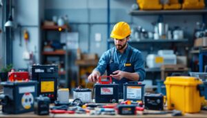 A photograph of a lighting contractor in a workshop setting
