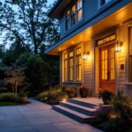 A photograph of a beautifully designed exterior porch featuring stylish ceiling-mounted lights