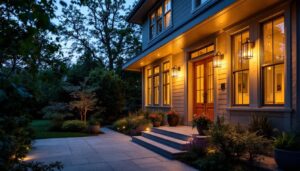 A photograph of a beautifully designed exterior porch featuring stylish ceiling-mounted lights