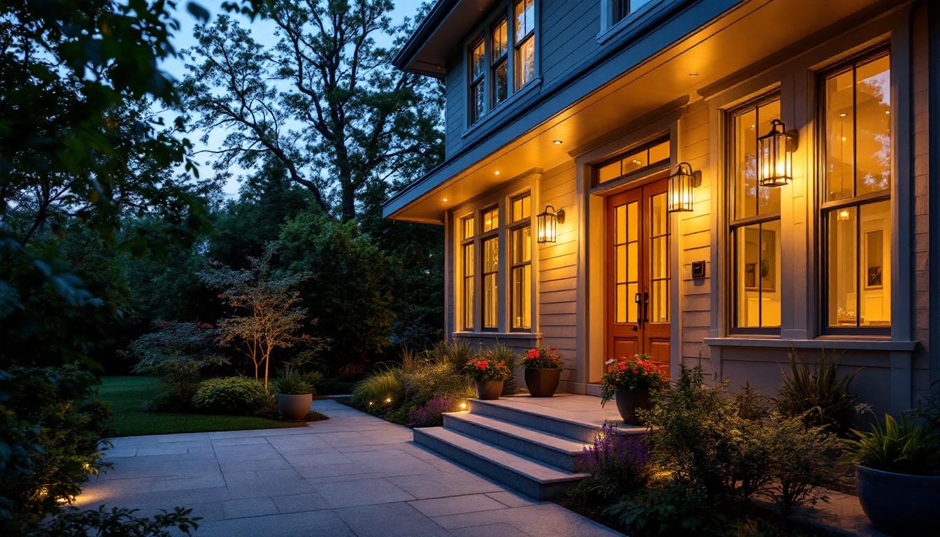 A photograph of a beautifully designed exterior porch featuring stylish ceiling-mounted lights