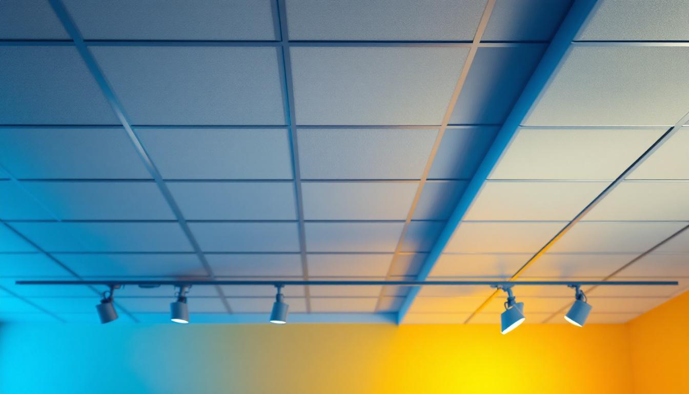 A photograph of a well-lit room showcasing a drop ceiling installation