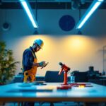 A photograph of a well-lit workspace featuring a lighting contractor installing high lumen led strip lights in a modern interior setting
