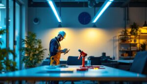A photograph of a well-lit workspace featuring a lighting contractor installing high lumen led strip lights in a modern interior setting