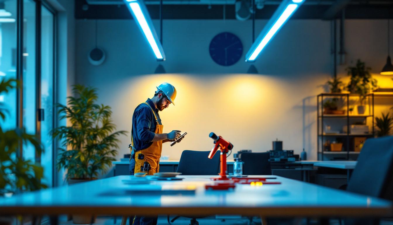 A photograph of a well-lit workspace featuring a lighting contractor installing high lumen led strip lights in a modern interior setting