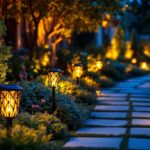 A photograph of a beautifully landscaped garden at dusk
