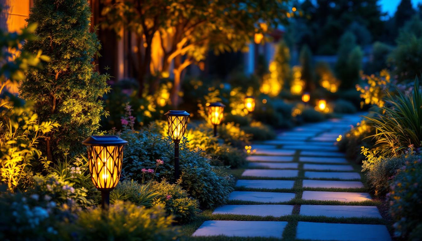 A photograph of a beautifully landscaped garden at dusk