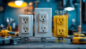 A photograph of a close-up shot of various wall outlet types