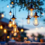 A photograph of a beautifully arranged outdoor setting featuring a variety of hanging lamps illuminated at dusk