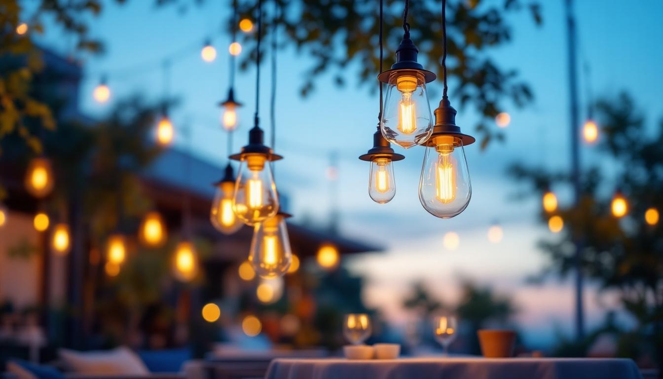 A photograph of a beautifully arranged outdoor setting featuring a variety of hanging lamps illuminated at dusk