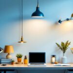 A photograph of a well-lit workspace featuring a variety of stylish lamps and light fixtures
