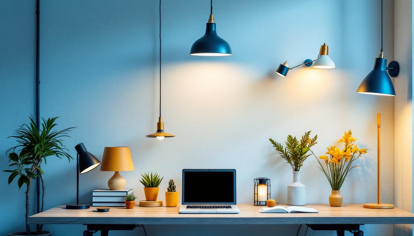 A photograph of a well-lit workspace featuring a variety of stylish lamps and light fixtures