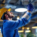 A photograph of a skilled lighting contractor expertly installing or adjusting high-quality lighting fixtures in a well-designed space