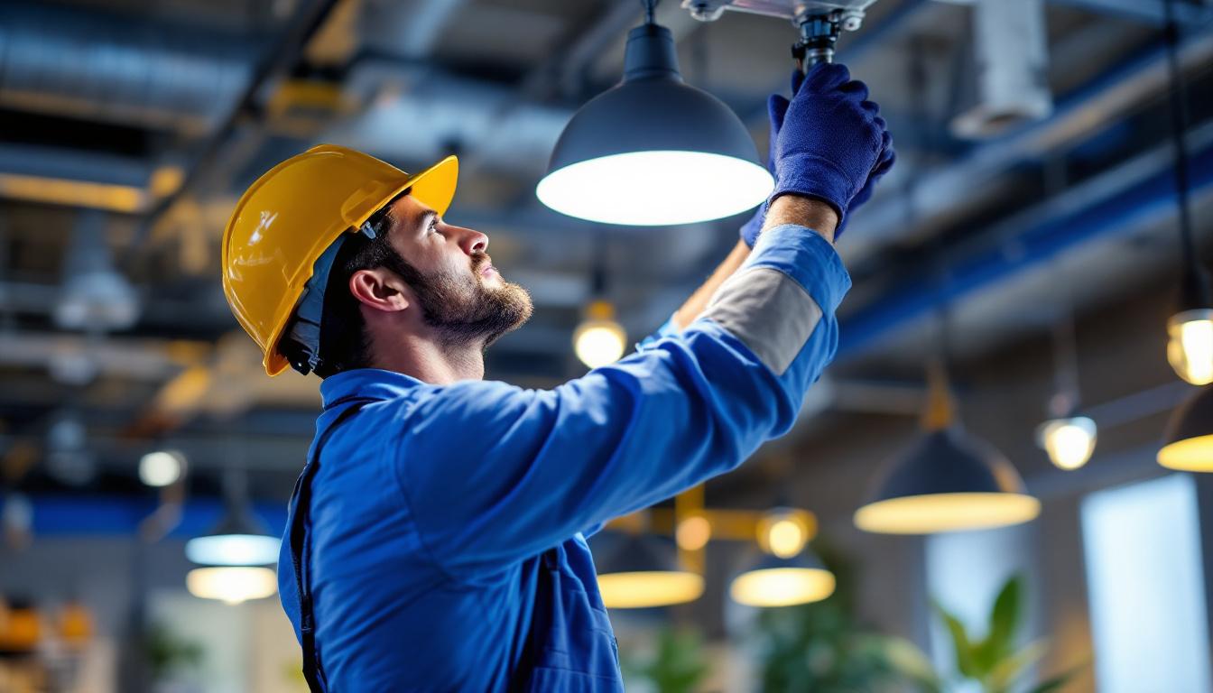 A photograph of a skilled lighting contractor expertly installing or adjusting high-quality lighting fixtures in a well-designed space