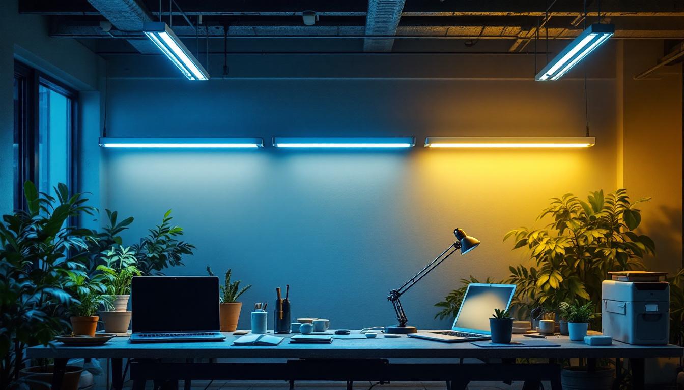 A photograph of a well-lit workspace featuring a variety of long bar lights in use
