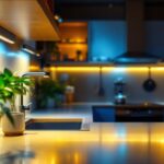 A photograph of a beautifully lit kitchen featuring stylish led undercounter lights illuminating the workspace