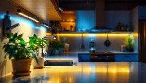 A photograph of a beautifully lit kitchen featuring stylish led undercounter lights illuminating the workspace