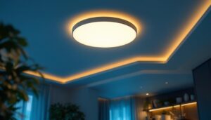 A photograph of a modern ceiling light led flush mount installed in a stylish interior setting