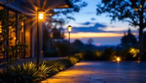 A photograph of a beautifully illuminated outdoor space featuring a variety of wired motion sensor lights in action