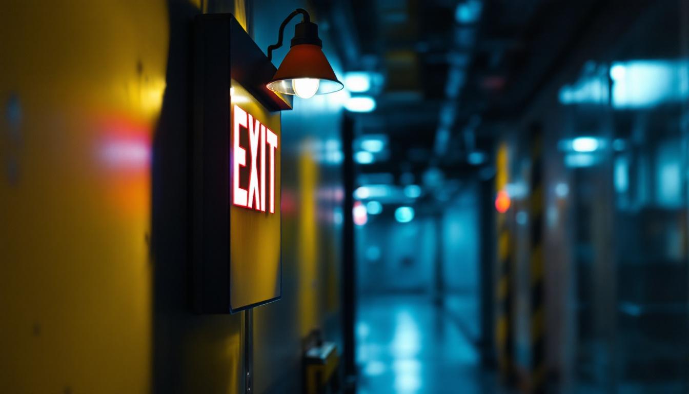 A photograph of a well-lit emergency exit sign in a commercial building