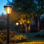 A photograph of a well-lit outdoor scene featuring a stylish solar power post lamp illuminating a pathway or garden area