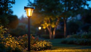 A photograph of a well-lit outdoor scene featuring a stylish solar power post lamp illuminating a pathway or garden area