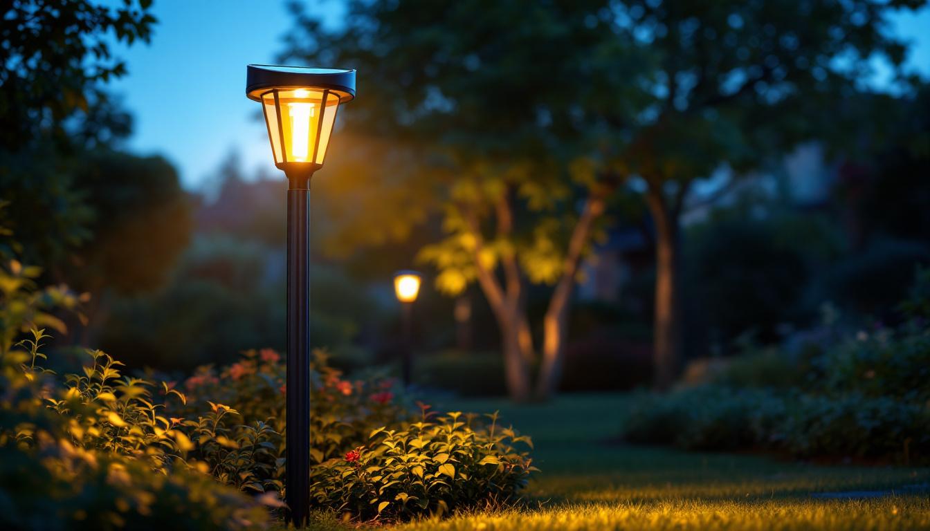 A photograph of a well-lit outdoor scene featuring a stylish solar power post lamp illuminating a pathway or garden area