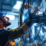 A photograph of a lighting contractor inspecting or installing an industrial fan in a well-lit commercial space