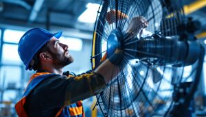 A photograph of a lighting contractor inspecting or installing an industrial fan in a well-lit commercial space