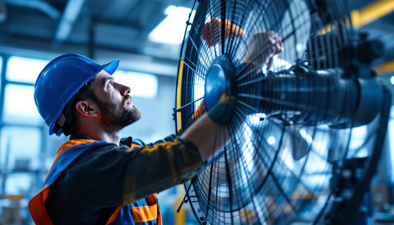 A photograph of a lighting contractor inspecting or installing an industrial fan in a well-lit commercial space