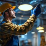 A photograph of a skilled lighting contractor at work
