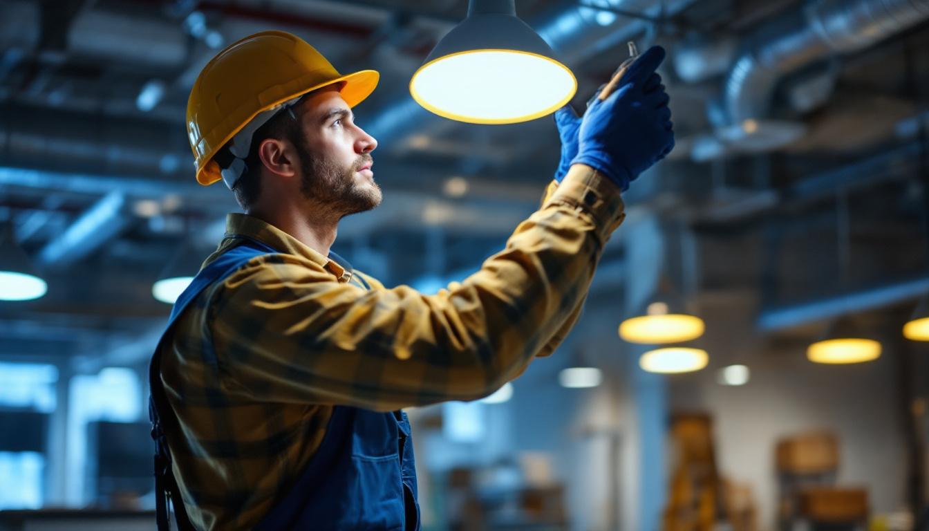 A photograph of a skilled lighting contractor at work