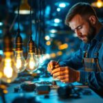 A photograph of a lighting contractor working with led light bulbs in a modern workspace