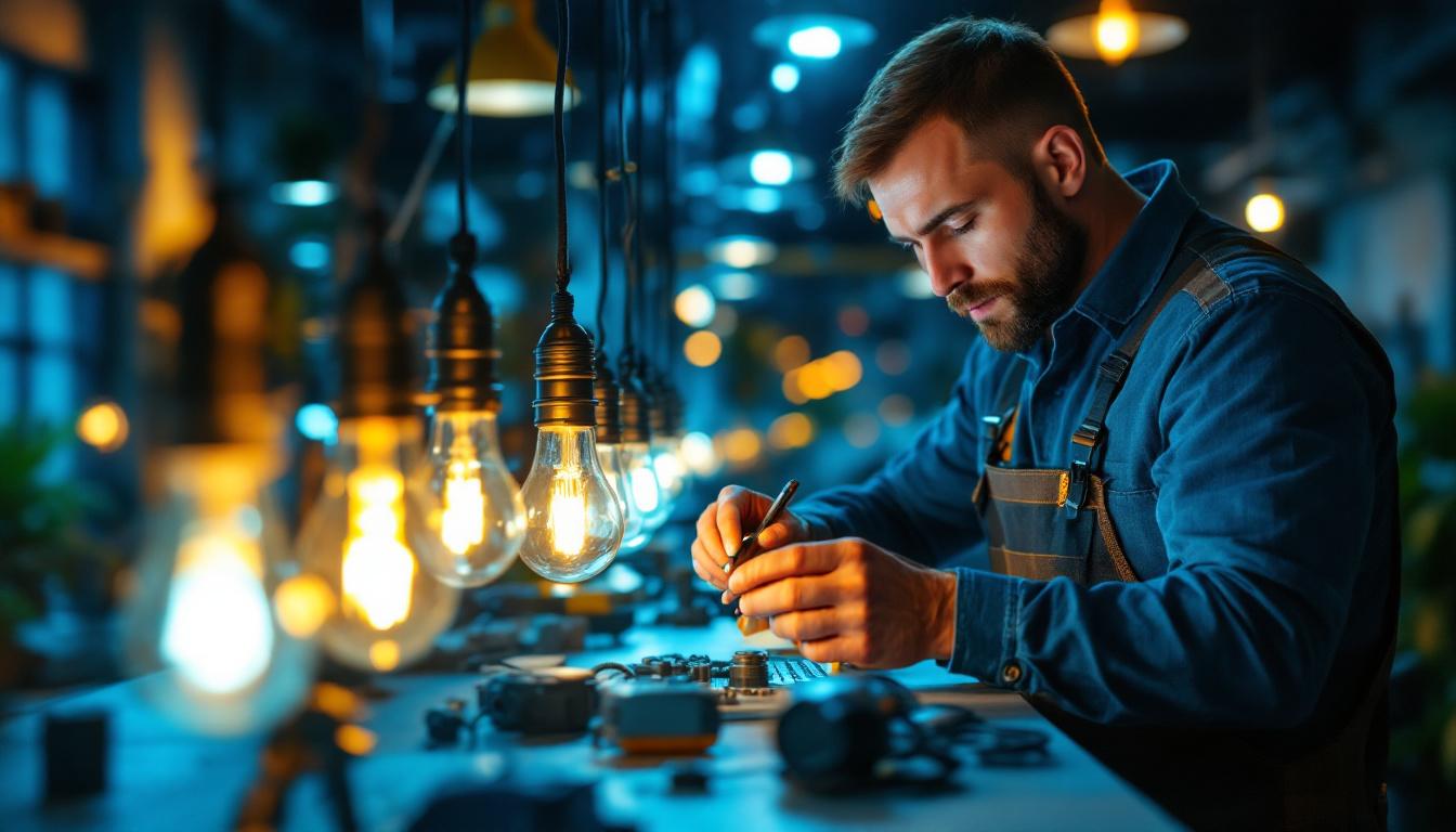 A photograph of a lighting contractor working with led light bulbs in a modern workspace
