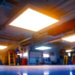 A photograph of a well-lit garage showcasing flush mount led lights in action