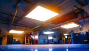 A photograph of a well-lit garage showcasing flush mount led lights in action