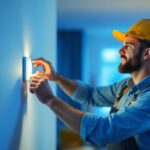 A photograph of a lighting contractor installing a motion switch in a modern home