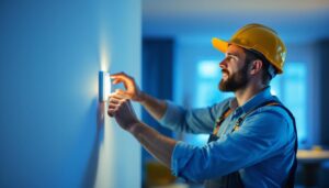 A photograph of a lighting contractor installing a motion switch in a modern home