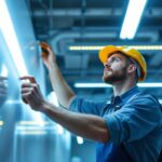 A photograph of a lighting contractor expertly installing fluorescent lights in a modern workspace
