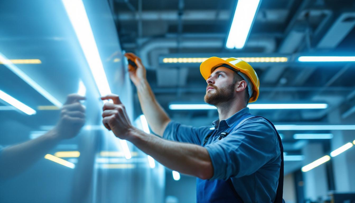 A photograph of a lighting contractor expertly installing fluorescent lights in a modern workspace