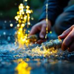 A photograph of a skilled lighting contractor installing submersible electrical connectors in a water feature